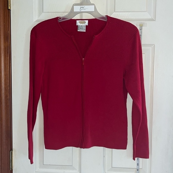 Talbots-M petite-red-rib detail,long sleeve, full zip,crewneck,cardigan sweater. - Picture 1 of 13